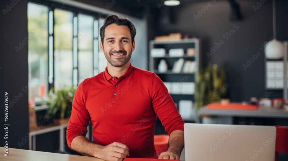 Young man, small business owner, smiling in office in red shirt, looking confident at desk with clipboard Young man, small business owner, smiling in office in red shirt, looking confident at desk with clipboard