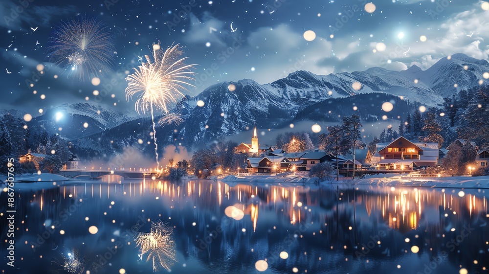 A serene winter scene with a snow-covered village, mountains, and a sparkling lake. Fireworks illuminate the sky. A serene winter scene with a snow-covered village, mountains, and a sparkling lake. Fireworks illuminate the sky.