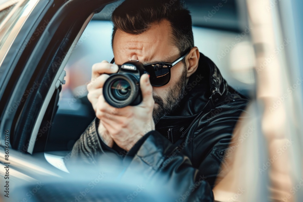 A young man, a private investigator, sits in a car and takes pictures. wearing a black jacket and sunglasses A young man, a private investigator, sits in a car and takes pictures. wearing a black jacket and sunglasses