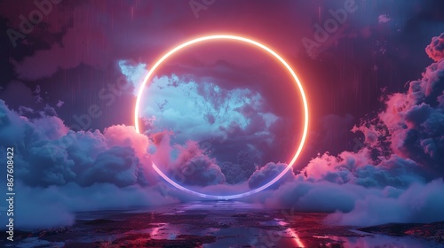 Wallpaper Mural Abstract futuristic geometric background with neon ring and stormy clouds over night sky, round frame with copy space Torontodigital.ca