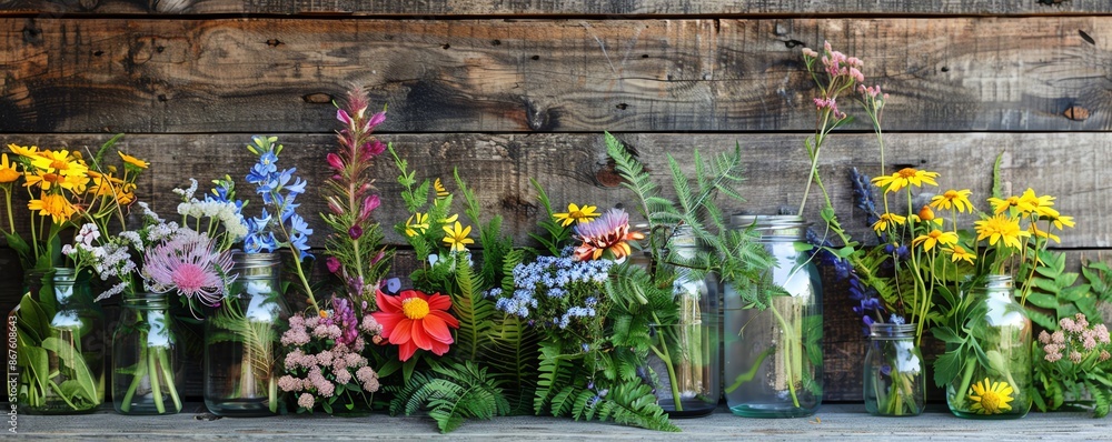 Obraz premium Colorful wildflowers in glass bottles against a rustic wood background.