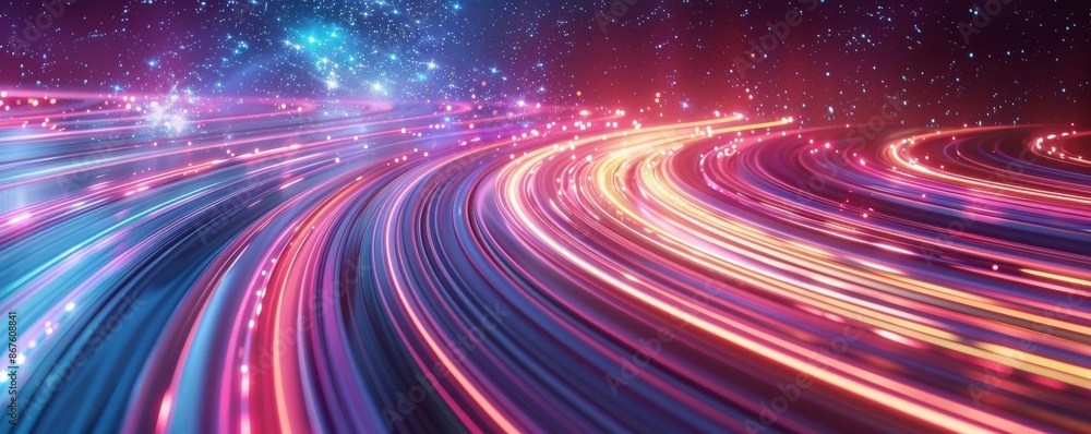 Colorful light trails on a highway at night with a starry sky, futuristic and vibrant concept Colorful light trails on a highway at night with a starry sky, futuristic and vibrant concept