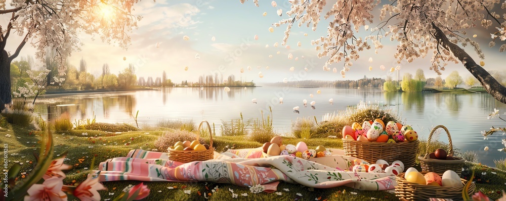 Scenic lakeside picnic with blooming trees and a basket of fruit. Scenic lakeside picnic with blooming trees and a basket of fruit.