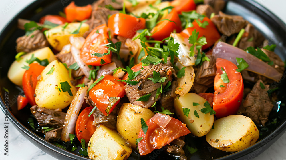 Delicious uzbek-inspired beef stir fry with potatoes, tomatoes, and fragrant herbs, bursting with vibrant flavors Delicious uzbek-inspired beef stir fry with potatoes, tomatoes, and fragrant herbs, bursting with vibrant flavors