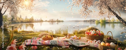Scenic lakeside picnic with blooming trees and a basket of fruit. photo