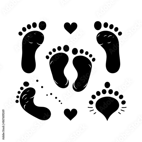 Black baby's prints footpath. Kids feet footprints silhouette. Set of human footprints icons. Family feet prints. footprint icons. Vector isolated illustration on white background.