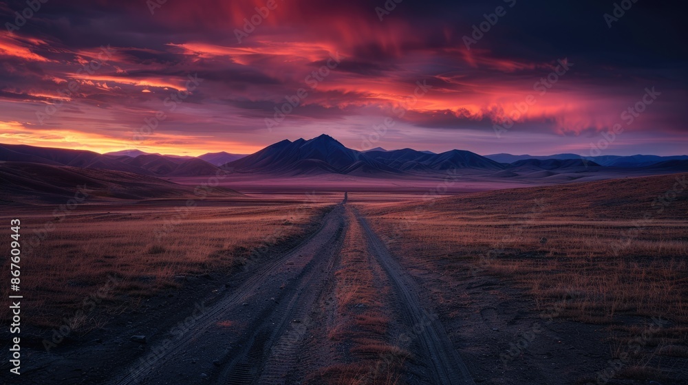 Fototapeta premium Dramatic Desert. Road Path in Kurai Altai Mountains under Colourful Siberian Sunset