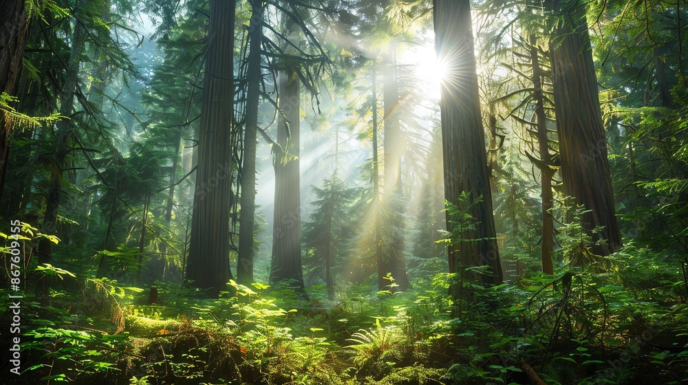 Obraz premium Sunlight streams through tall trees in a lush, green forest.