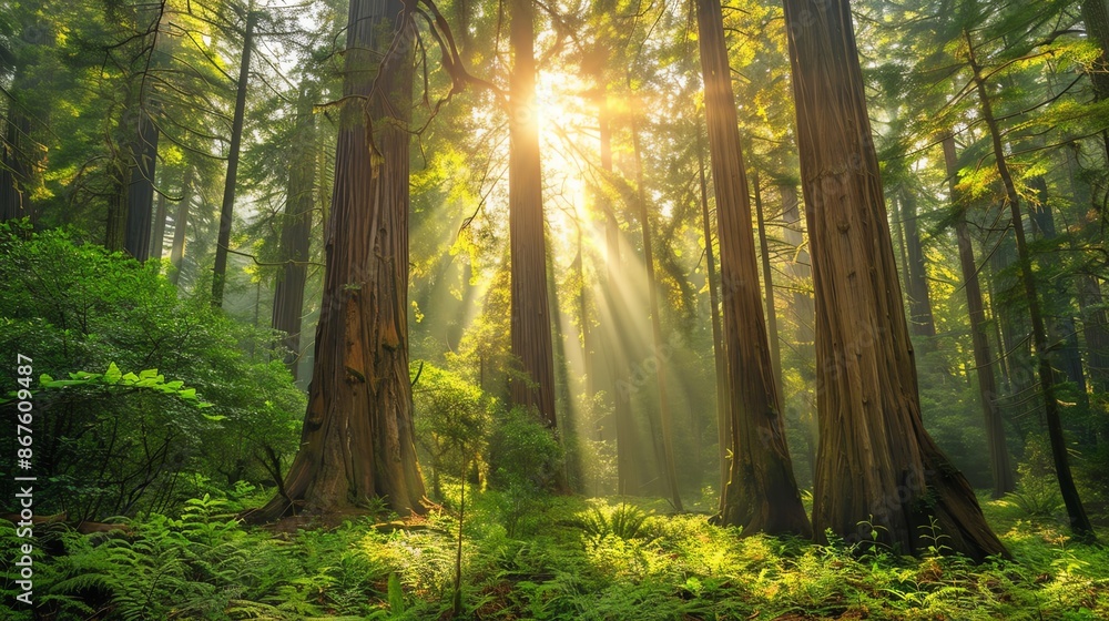 Fototapeta premium Sunlight streams through the canopy of a redwood forest, illuminating the ancient trees and the lush undergrowth.