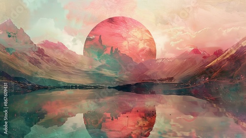 A stunning abstract landscape with a blend of mountains, water, and a large, surrealistic sun. The image features vivid colors like pink, blue, and orange, creating a dreamy and ethereal composition. photo