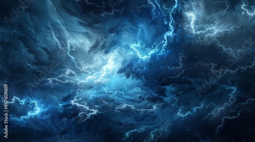 A dynamic abstract representation of a thunderstorm with electric blues and striking whites, creating a sense of intense energy and movement.