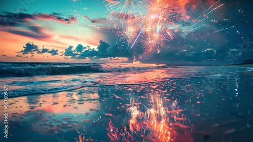 Vibrant fireworks explode over a calm ocean at sunset, reflecting in the water. The sky is a mix of blue, pink and orange.
