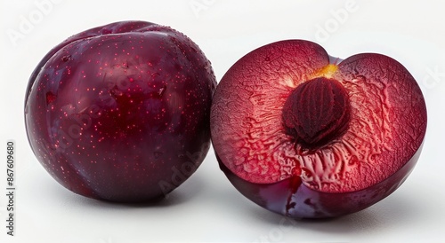 A Single Red Plum Cut In Half Against White Background