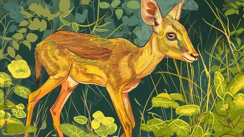 A vibrant drawing of a young deer amid lush green foliage, capturing a serene forest scene. photo