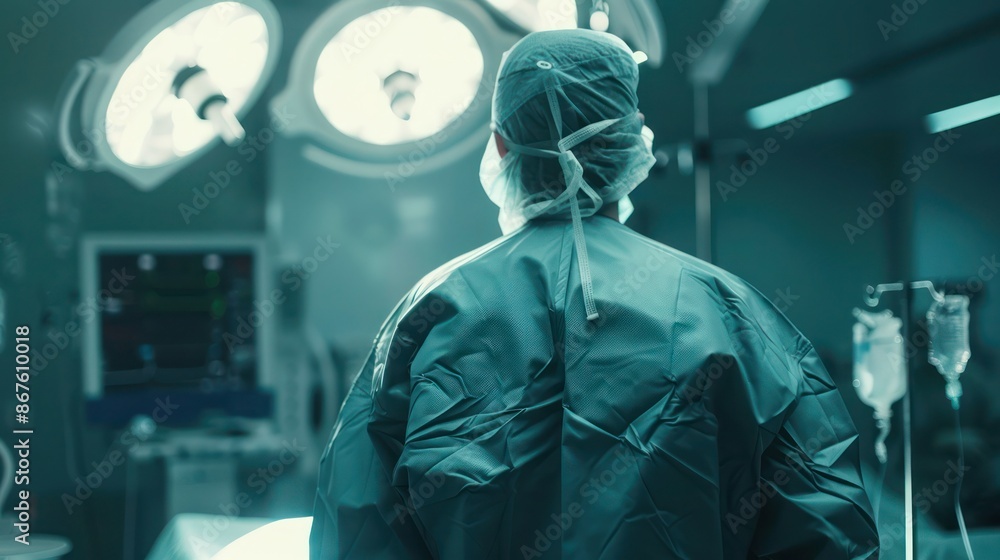Fototapeta premium Back view of a surgeon doing a surgical operation at hospital , surgery in operating room concept image. 