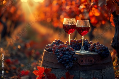 close up red wine in glasses on old barrel with grapes against background of vineyard, harvest concept, autumn photo