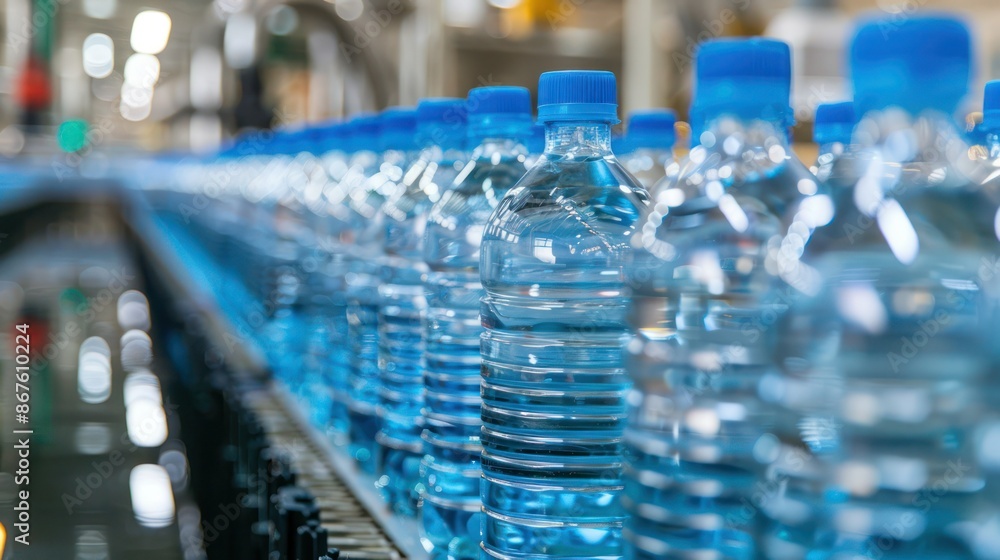 Line of bottling beverages in plastic bottles on clean light factory. Line of bottling beverages in plastic bottles on clean light factory.