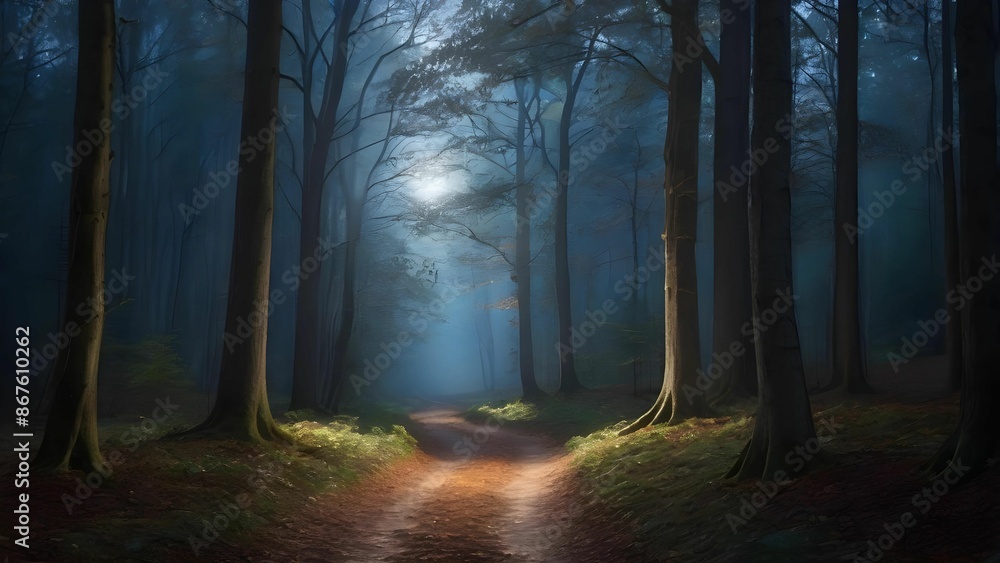 Obraz premium 月明かりに照らされた静かな森の小道