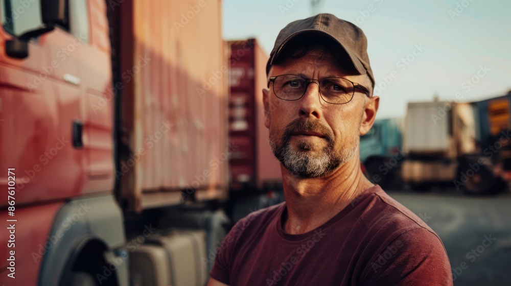 portrait of driver wearing burgundy T-shirt, cap and glasses, looking at viewer and standing in front of truck in haulage yard. portrait of driver wearing burgundy T-shirt, cap and glasses, looking at viewer and standing in front of truck in haulage yard.