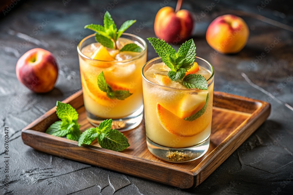 Summer cold peach fizz cocktail with mint. Summer cold peach fizz cocktail with mint.