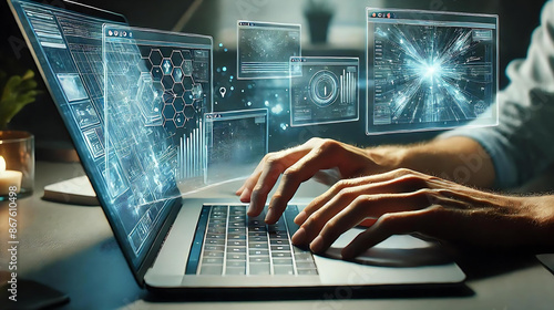 Futuristic Digital Workspace: Holographic Interface and Modern Laptop Interaction