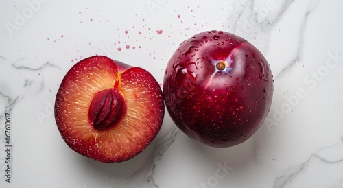 A Single Red Plum Cut In Half Against White Background