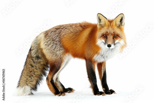 Fox White Background. Red Fox Hunting in Snowy Algonquin Park - Alert Canine in Canada © Popelniushka