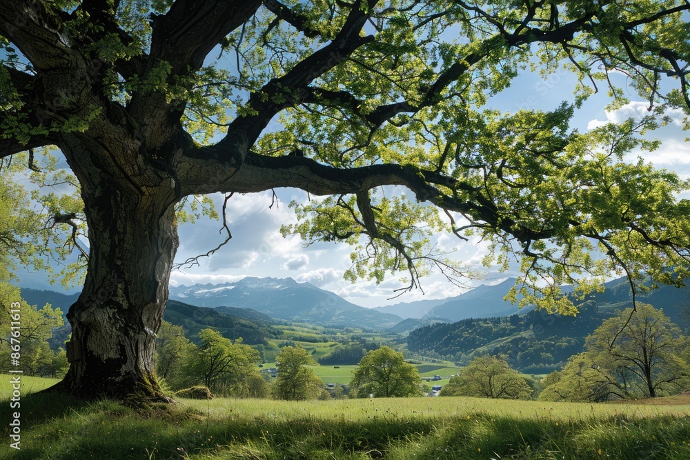 Giving Tree. Majestic Swiss Oak Offering Shade in the Green Springtime