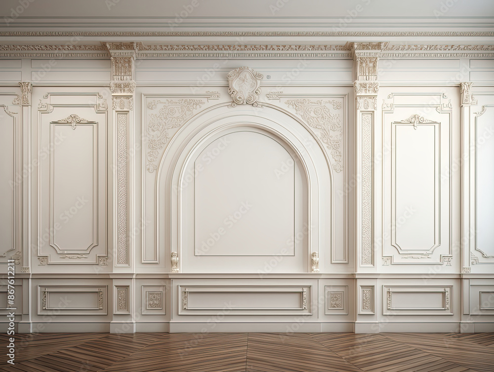 Blank classic white interior with mouldings, columns, archway and wood flooring. Blank classic white interior with mouldings, columns, archway and wood flooring.