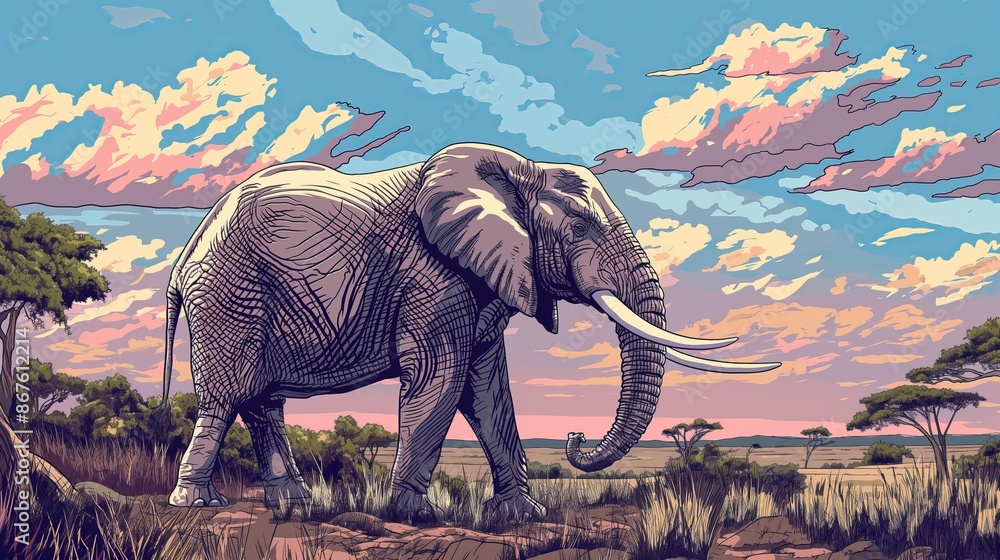 Fototapeta premium An African elephant walks through the savannah under a vibrant sky filled with pastel clouds and colors.