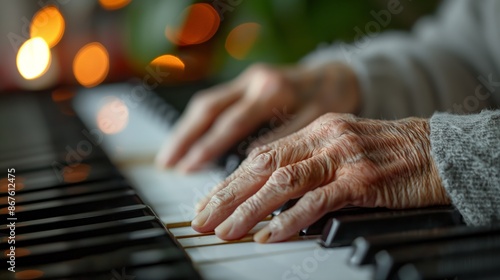 Elderly Hands Playing Piano with Warm Lighting in an Indoor Setting