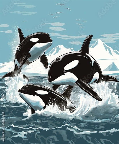 Orcas jump in an arctic ocean with icy mountains behind them under a partly cloudy sky. photo