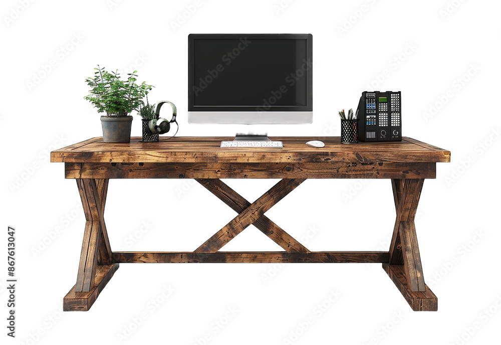 Computer on desk office table with headphone, plants, keyboard and mouse isolated on transparent background cut out png Computer on desk office table with headphone, plants, keyboard and mouse isolated on transparent background cut out png
