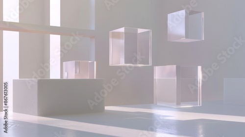 White Room With Glass Cubes And Sunlight Streaming Through Windows photo