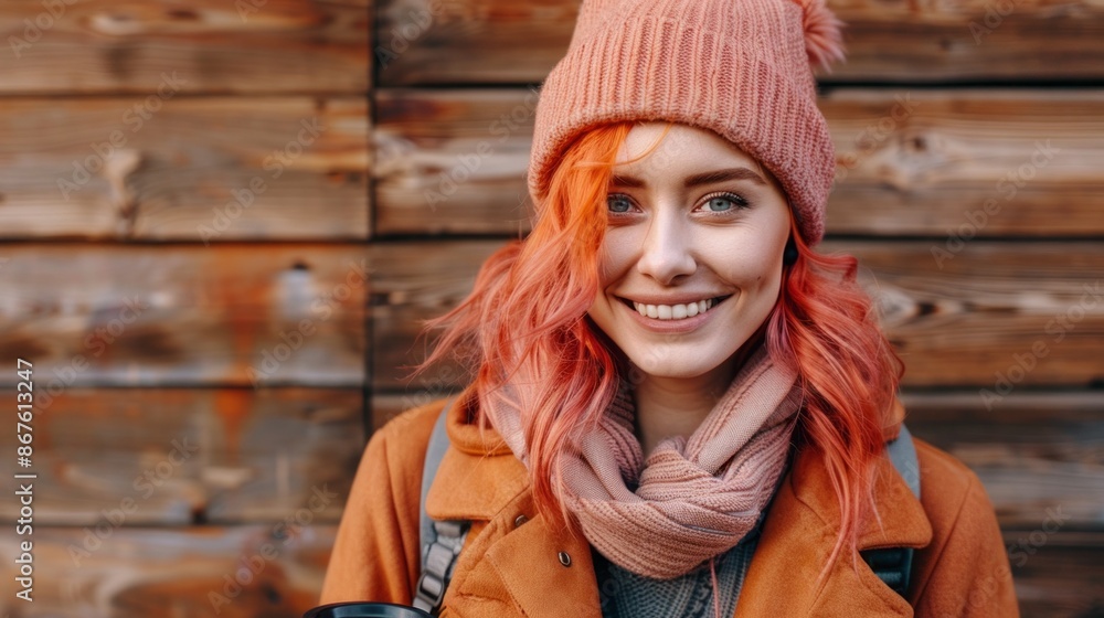 A young woman with pink hair and a pink beanie smiles brightly in front of a rustic wooden wall A young woman with pink hair and a pink beanie smiles brightly in front of a rustic wooden wall