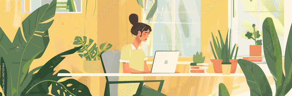 Woman Working on Laptop with Natural Light and Green Plants Woman Working on Laptop with Natural Light and Green Plants