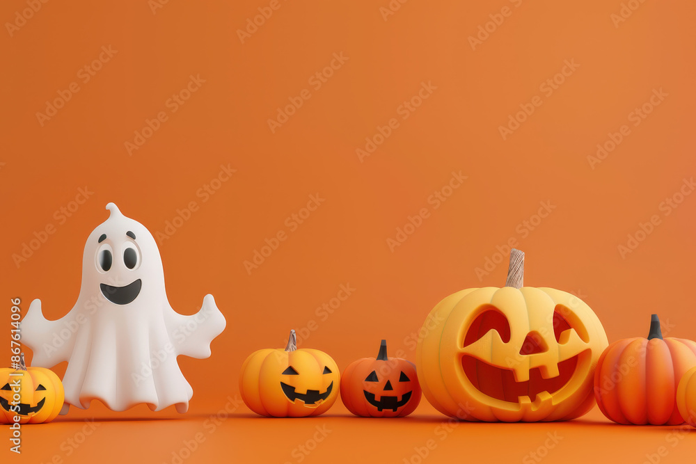 happy ghost floating near a group of jack o lantern pumpkins on an orange background for halloween happy ghost floating near a group of jack o lantern pumpkins on an orange background for halloween