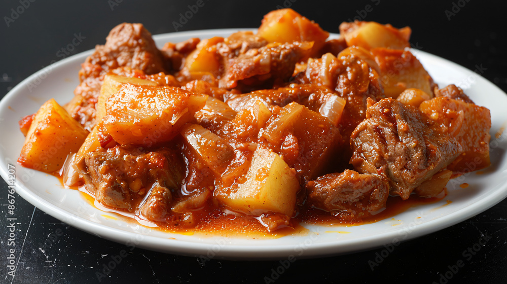 Delicious beef stew with potatoes and onions, simmered in a rich and flavorful tomato sauce Delicious beef stew with potatoes and onions, simmered in a rich and flavorful tomato sauce