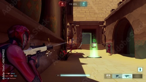 CGI footage of gameplay in third person shooter multiplayer videogame. Team of red androids with machine guns running around arena, grabbing weapons, powerups, killing enemy players and NPCs together