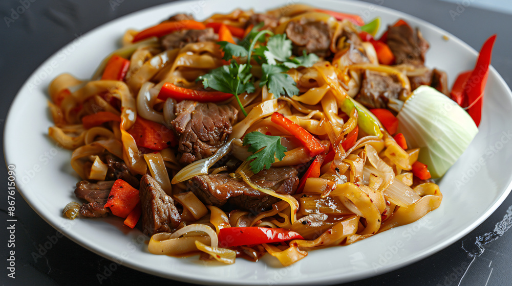 Lagman: a delicious and satisfying noodle dish with thick noodles, tender beef, and colorful vegetables Lagman: a delicious and satisfying noodle dish with thick noodles, tender beef, and colorful vegetables