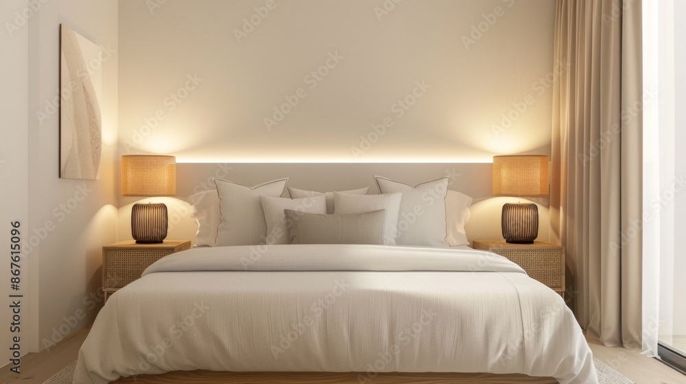 Fototapeta premium Modern Bedroom Interior Design With White Bedding and Warm Lighting