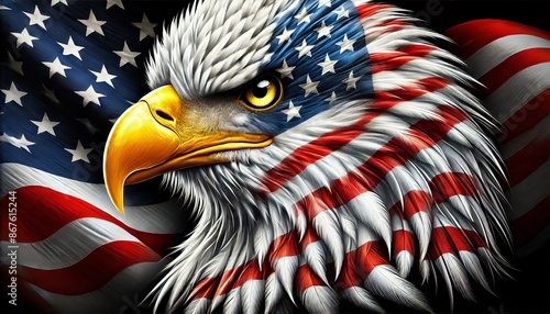 Fierce eagle with American flag background, conveying a patriotic theme. Generative AI