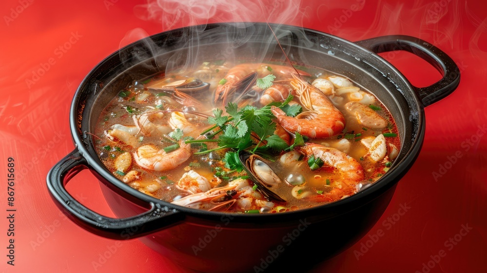 Boiling hot pot of mixed seafood soup, with spicy broth and seafood, isolated on red Boiling hot pot of mixed seafood soup, with spicy broth and seafood, isolated on red