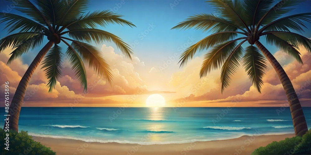 Two palm trees frame the sandy beach. Two palm trees frame the sandy beach.