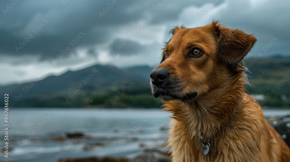 Close-up of a dog on the embankment, with a stunning bay and mountain scenery in the background Close-up of a dog on the embankment, with a stunning bay and mountain scenery in the background