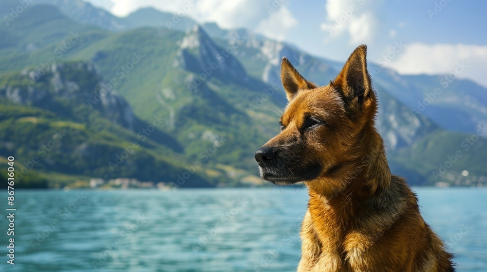 Close-up of a dog on the embankment, with a stunning bay and mountain scenery in the background Close-up of a dog on the embankment, with a stunning bay and mountain scenery in the background