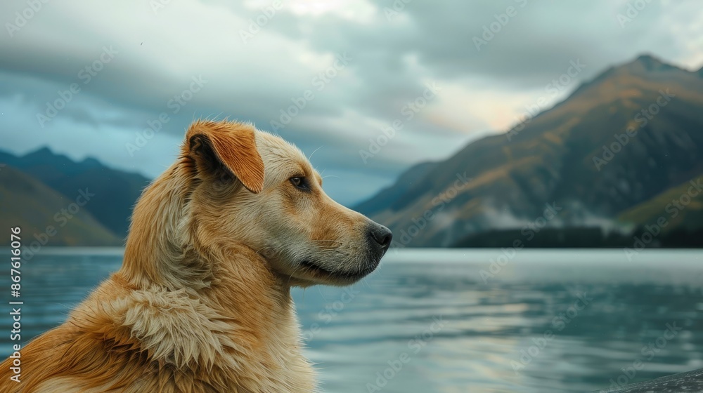 Close-up of a dog on the embankment, with a tranquil bay and majestic mountains in the background Close-up of a dog on the embankment, with a tranquil bay and majestic mountains in the background