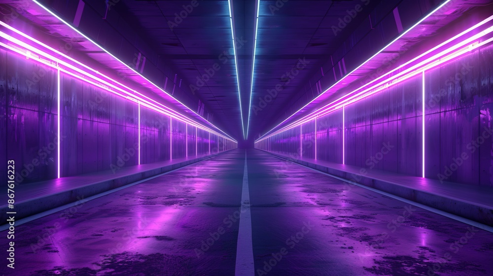 Fototapeta premium Futuristic empty neon glowing background with high-tech lines and abstract geometric patterns in space, ideal for sci-fi, technology, and digital innovation themes