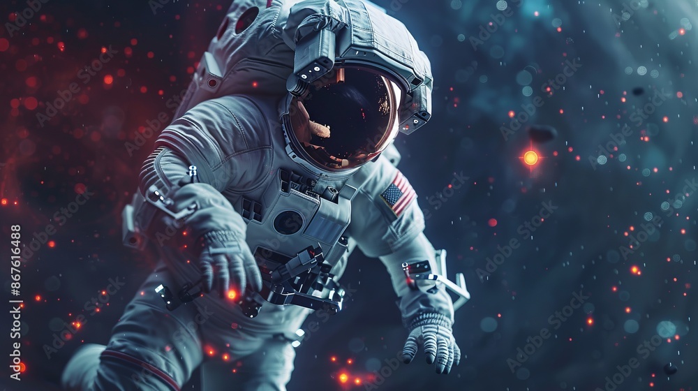 Space astronaut in deep space performing spacewalk with stunning cosmic art background, featuring science fiction elements, beauty of the universe, and billions of galaxies twinkling in the distance Space astronaut in deep space performing spacewalk with stunning cosmic art background, featuring science fiction elements, beauty of the universe, and billions of galaxies twinkling in the distance