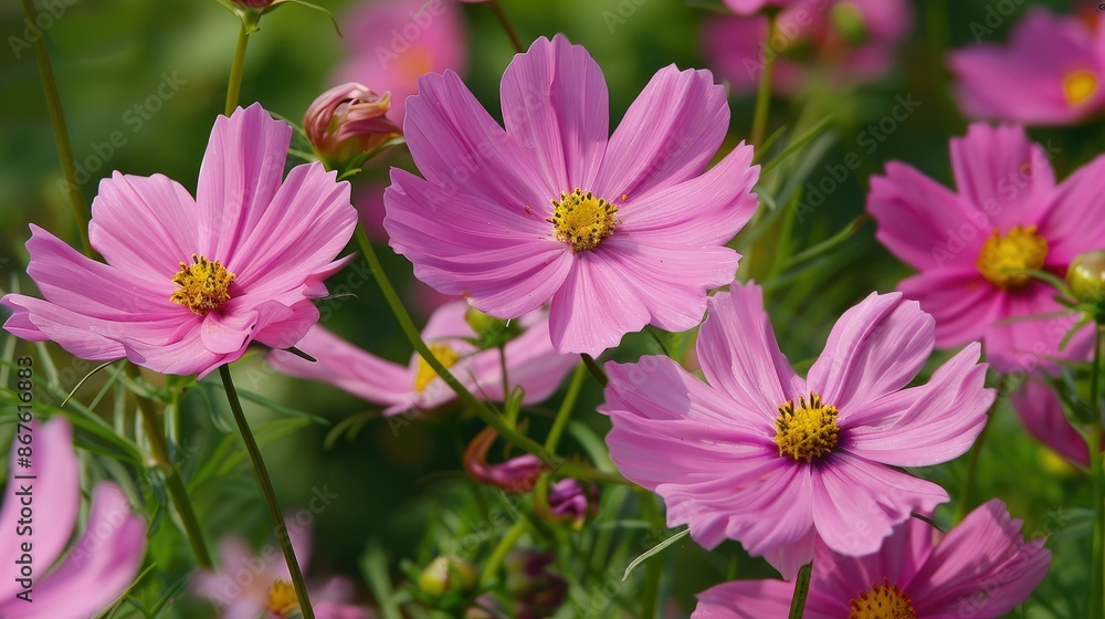 Cosmos flowers with pink petals, blooming gracefully in a well-maintained garden environment Cosmos flowers with pink petals, blooming gracefully in a well-maintained garden environment